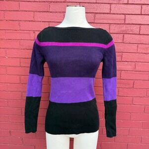 Ralph‎ Lauren Sweater Womens Small Knit Striped Purple Black Gold Button